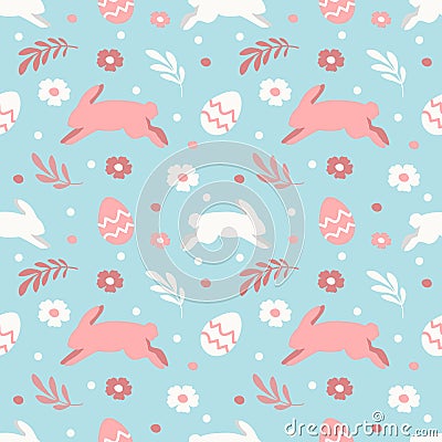 Cute vector seamless pattern on Easter theme with hand drawn rabbits, flowers and colored eggs Vector Illustration